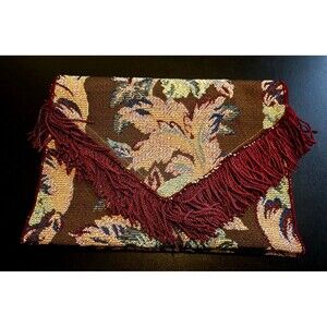 Table Runner Burgundy with green floral & fringed edges 74" Long 13" Wide